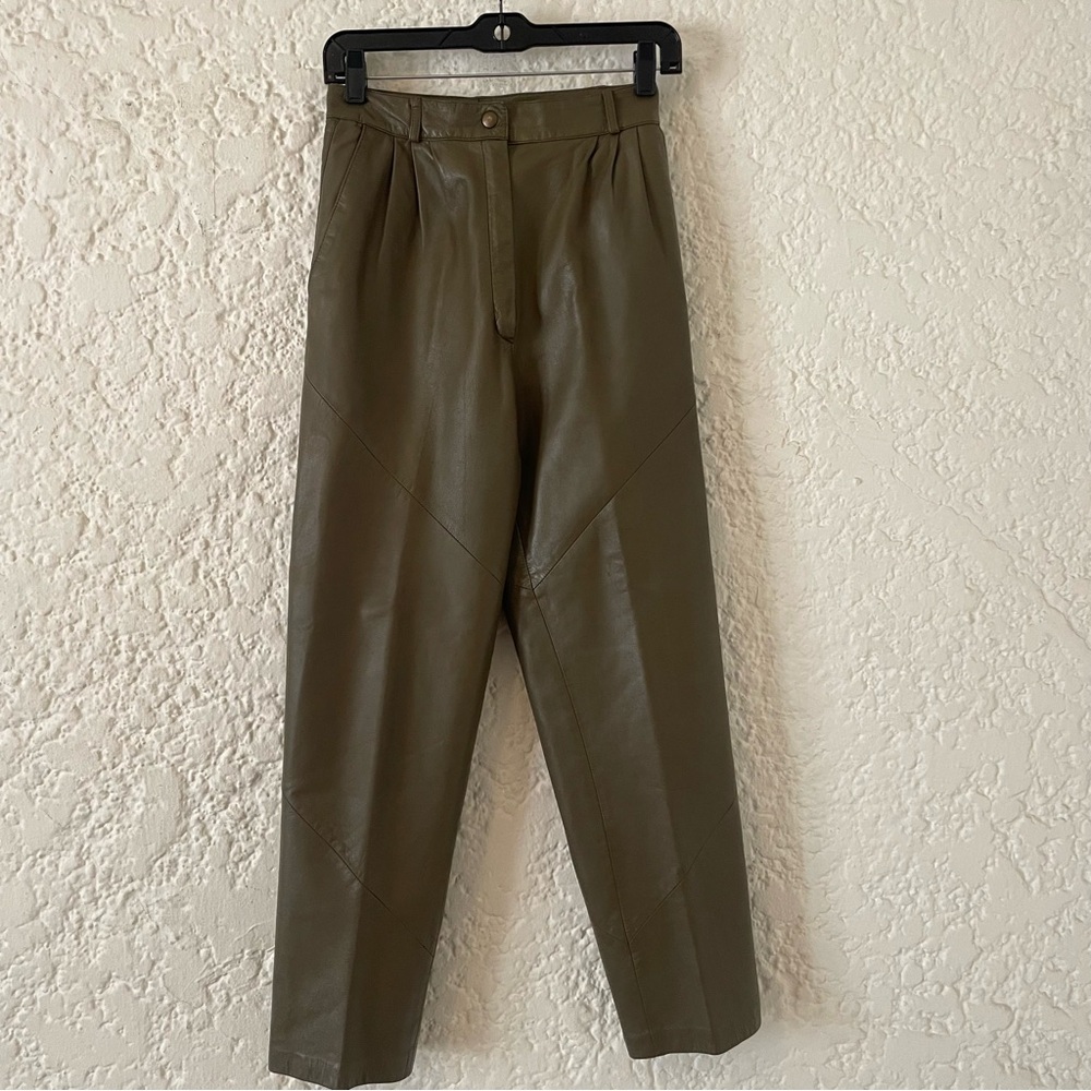 Vintage Marc Laurent Paris Leather Pants, Women's 6 Trousers Olive Green 80s 90s